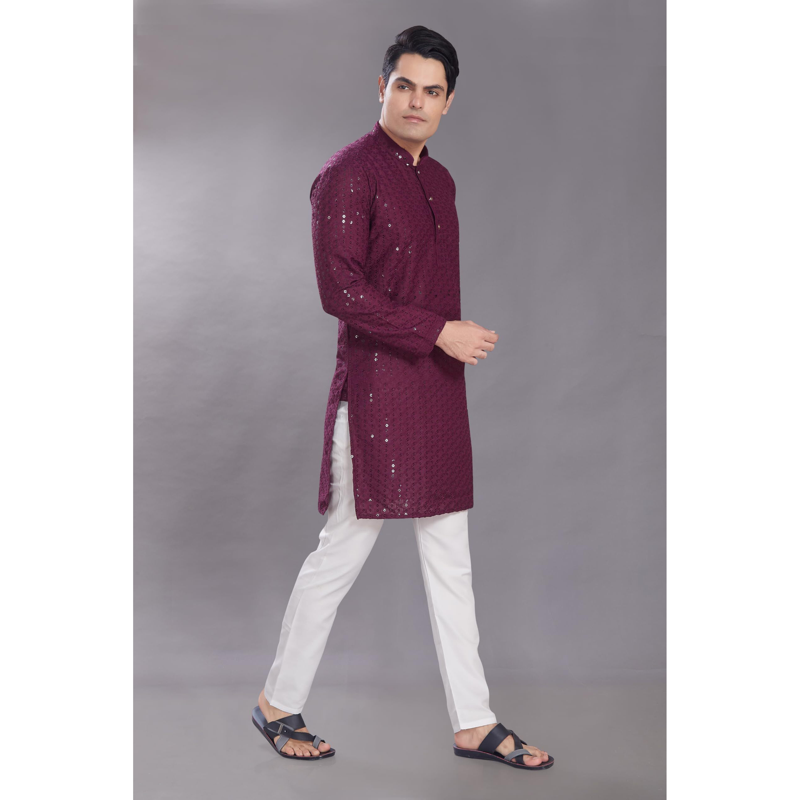 Divisive Men's Sequince Embroidered Cotton Blend Only Slim Fit Kurta (Dkrt574_Xxl_Burgundy)