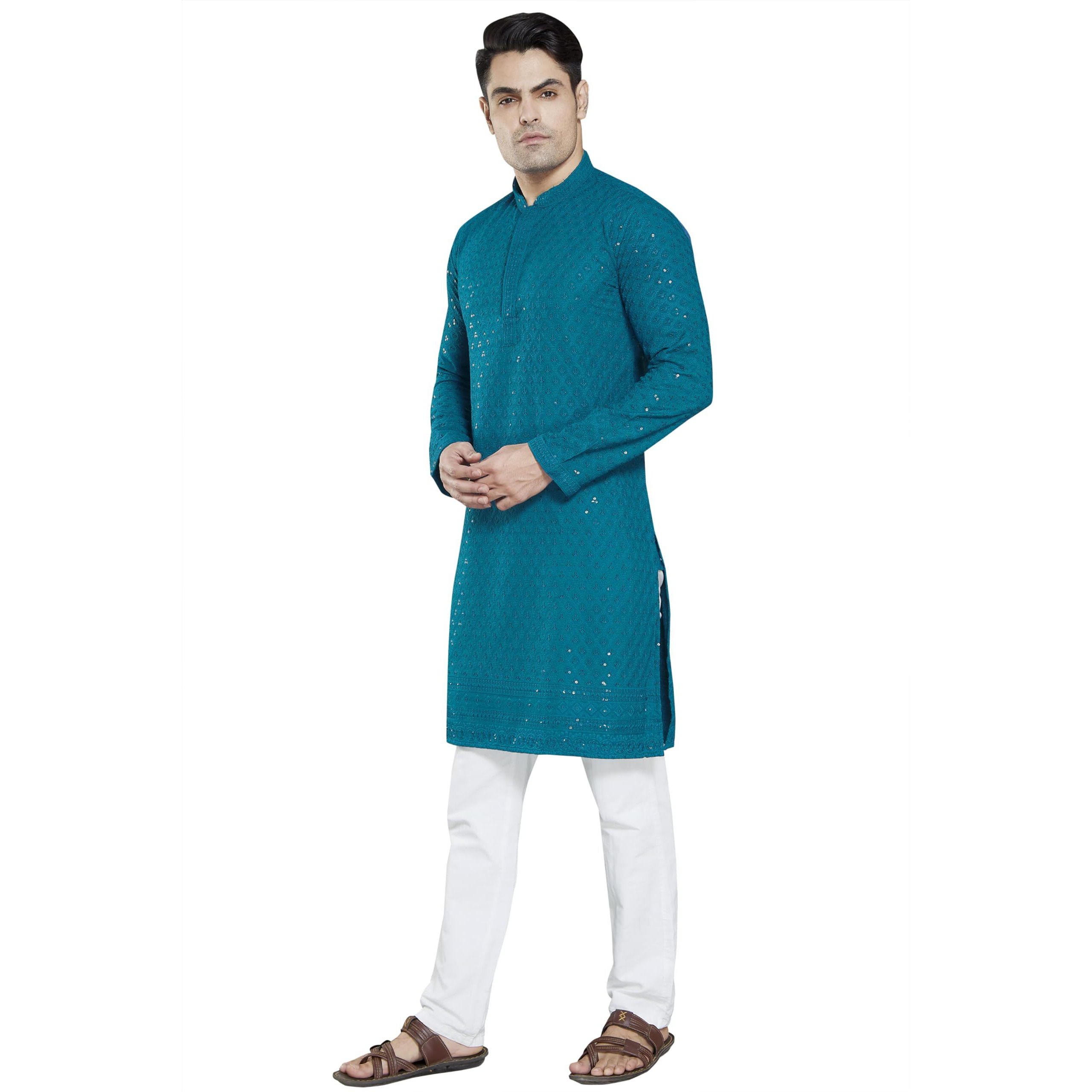Divisive Men's Sequince Embroidered Cotton Blend Slim Fit Kurta Pyjama Set (Dkrt27_L_Turquoise)