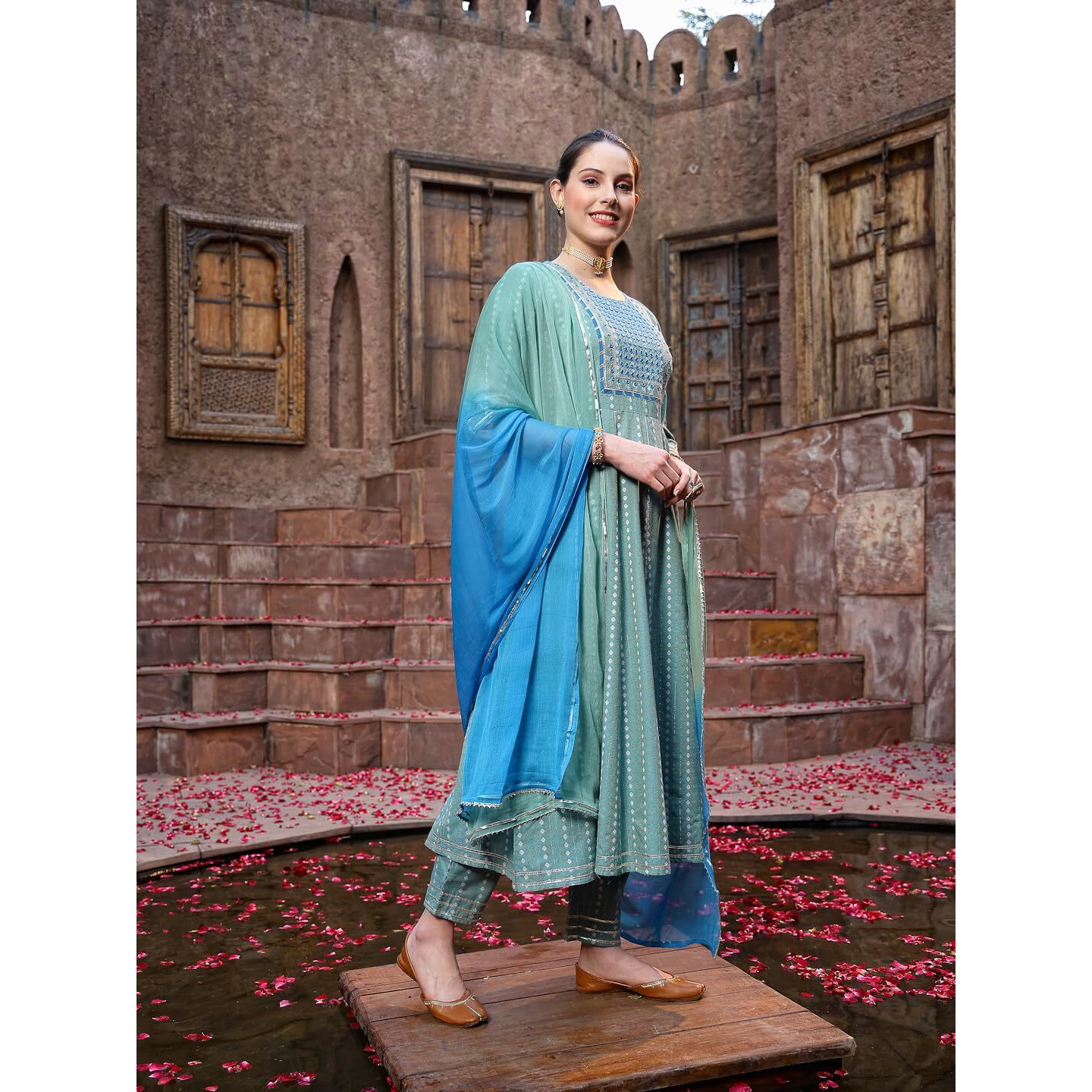 Stylum Women's Woven Designed & Embroidered Cotton Blend Anarkali Kurta Pant Dupatta Set (Kpdturqvisa44_Turquoise, Xxl)