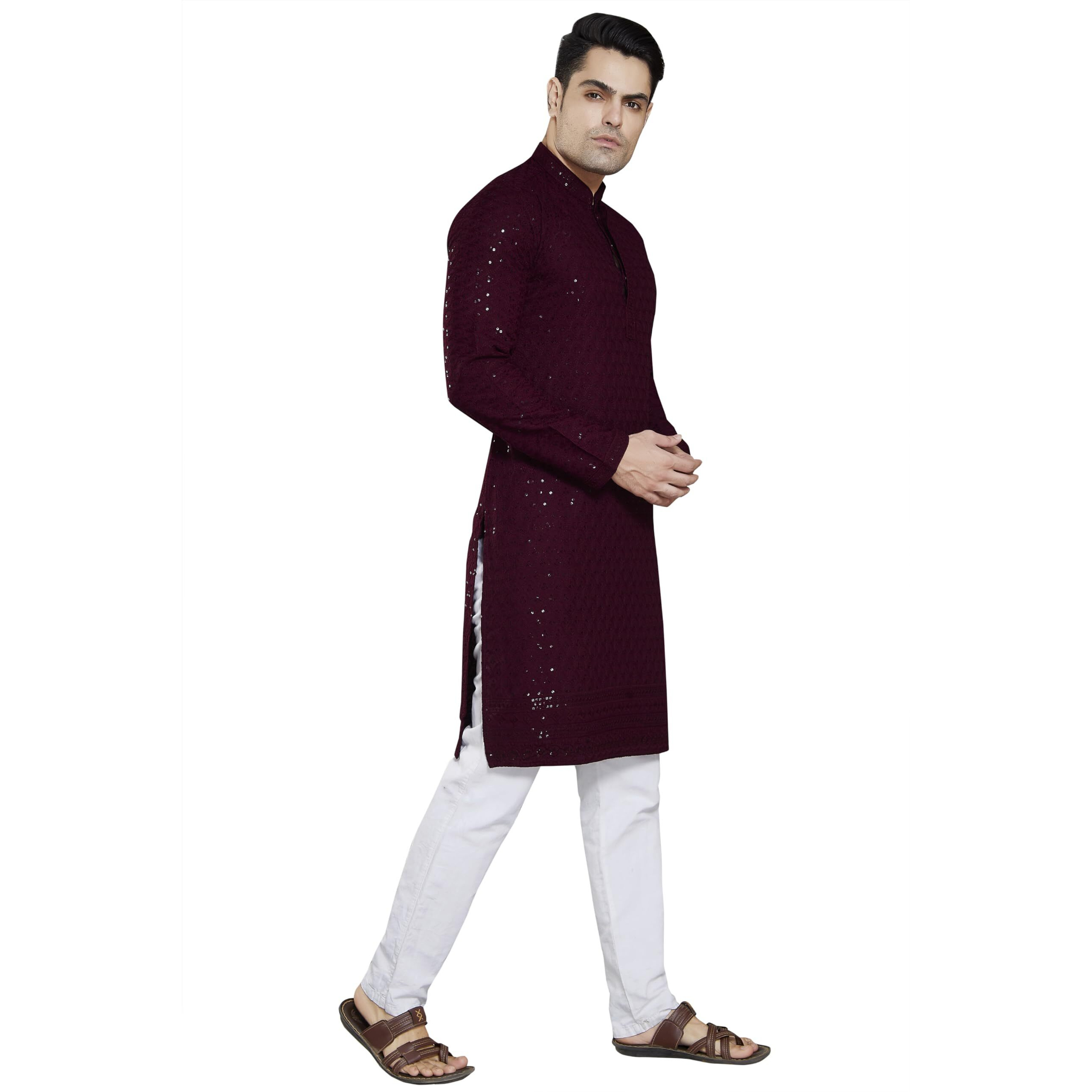 Divisive Men's Sequince Embroidered Cotton Blend Slim Fit Kurta Pyjama Set (Dkrt24_Xxl_Burgundy)