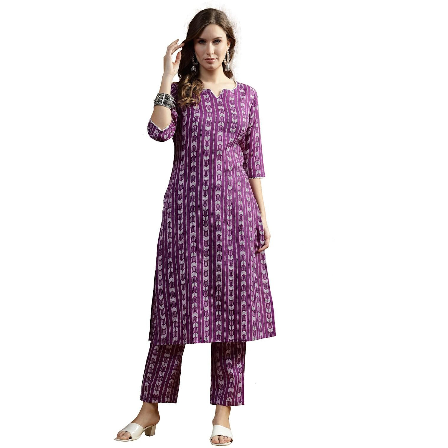 Stylum Women's Printed Cotton Blend Straight Kurta Pant Set (Kpvoilromeo36_Voilet, S)
