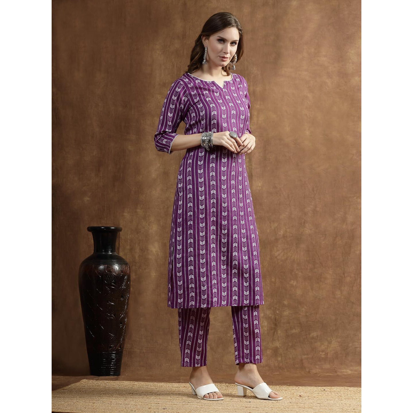 Stylum Women's Printed Cotton Blend Straight Kurta Pant Set (Kpvoilromeo36_Voilet, S)