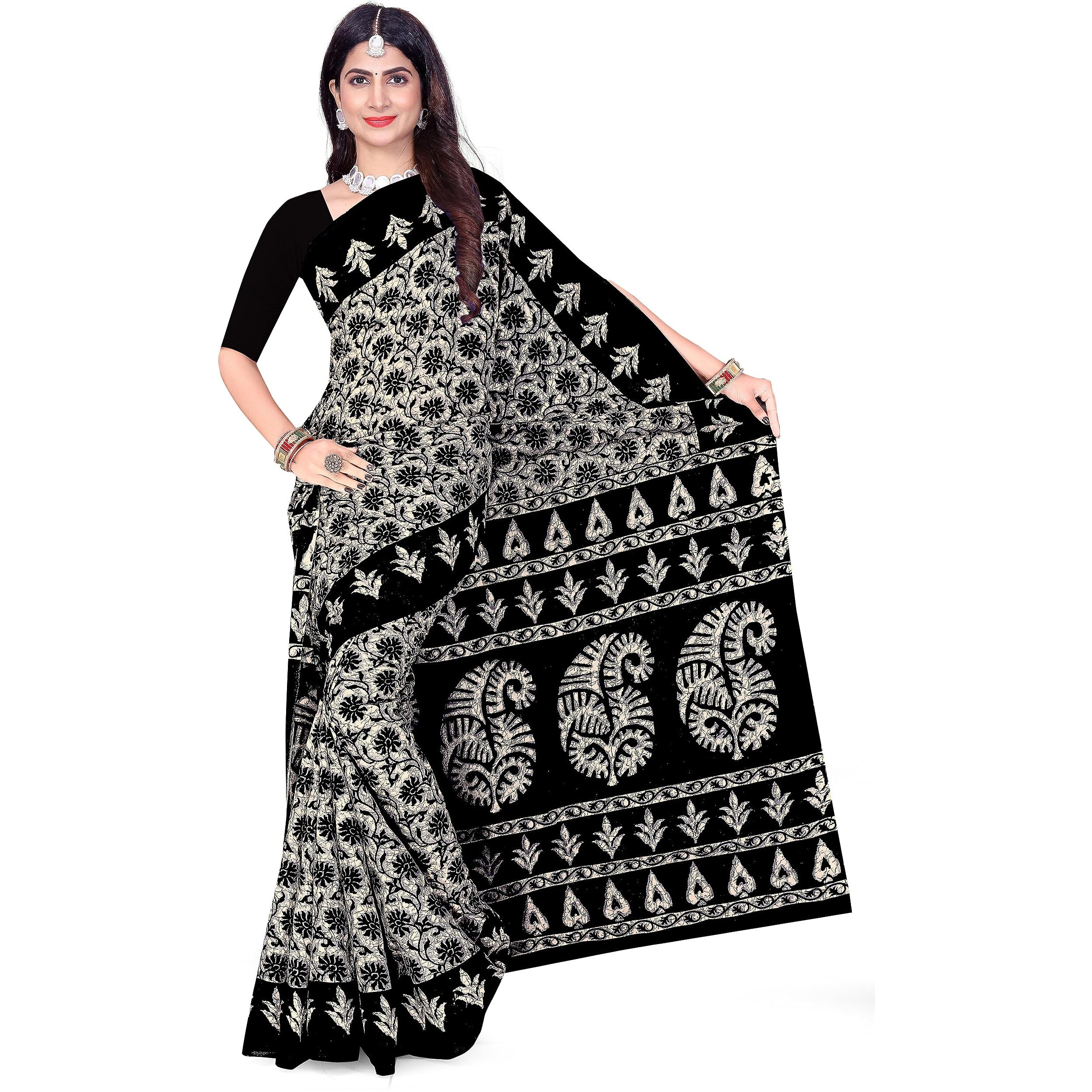 Tamaira Fashion Women's Plain Weave Pure Cotton Saree Without Blouse Piece(2430_Black)