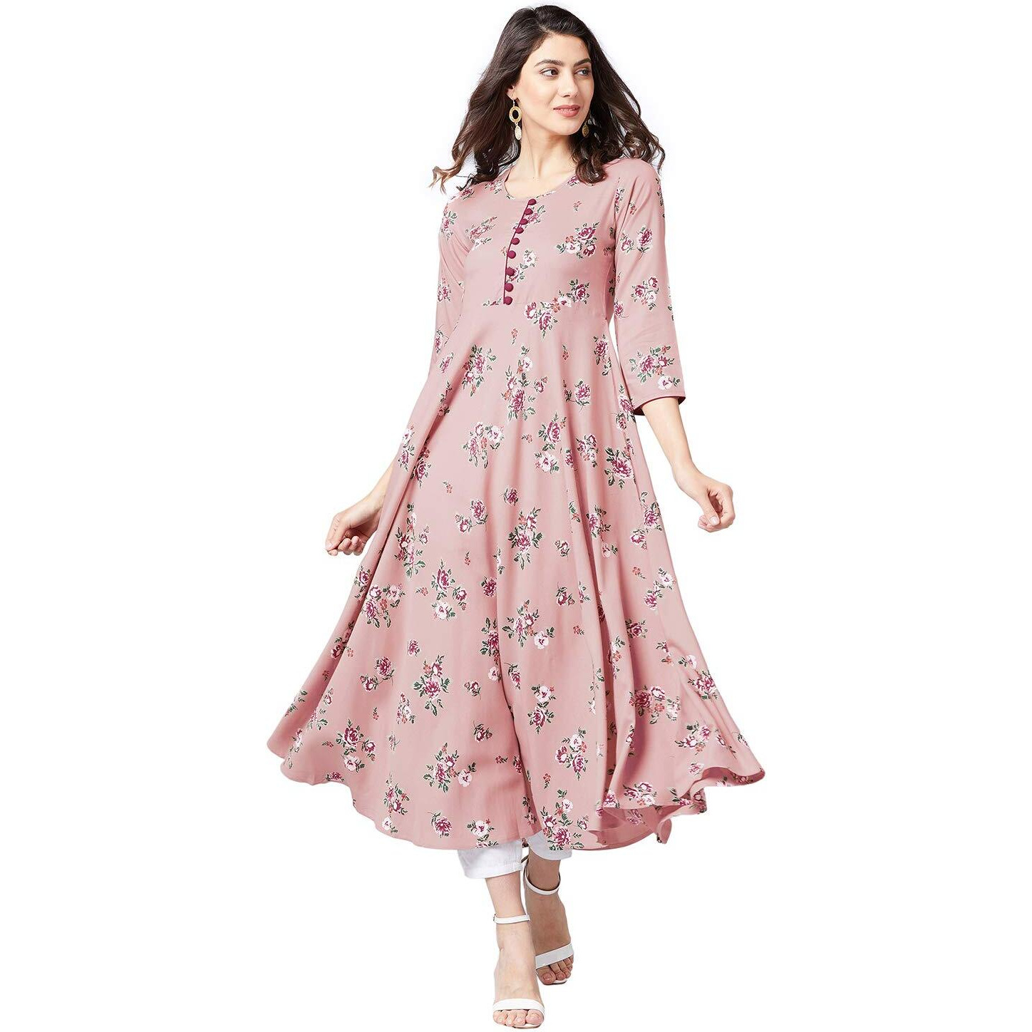 Tissu Women's Floral Printed A-Line Kurta (Dusty Pink And Red Small)