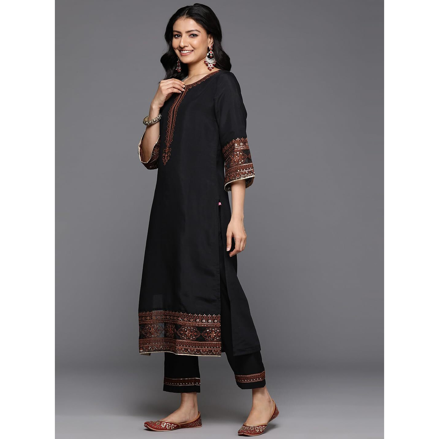 Varanga Women Black Thread Embroidered Sequins Embellished Kurta With Bottom And Dupatta