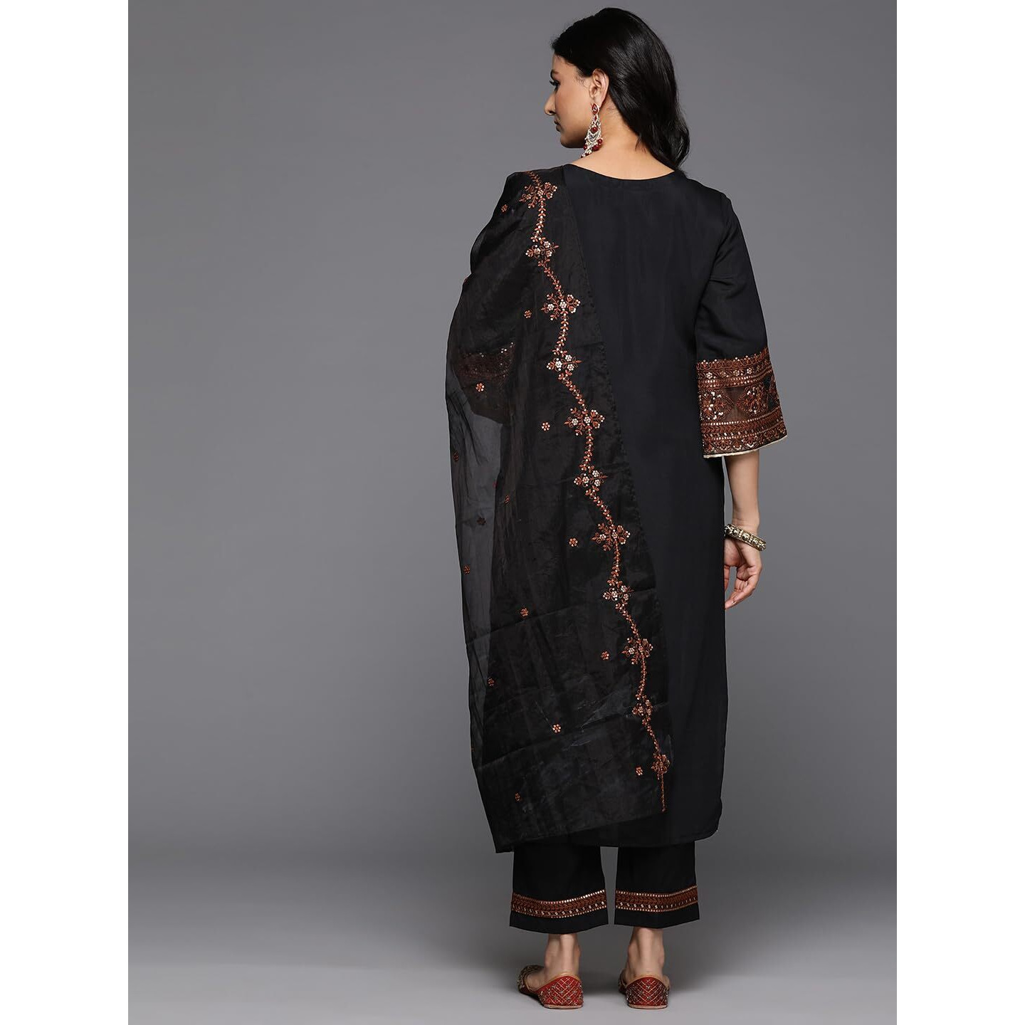 Varanga Women Black Thread Embroidered Sequins Embellished Kurta With Bottom And Dupatta