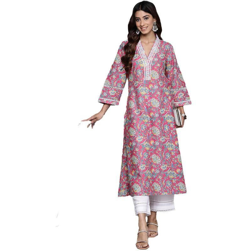 Varanga Women Pink Floral Printed V-Neck Lace Detailed Straight Kurta (Double Extra Large)