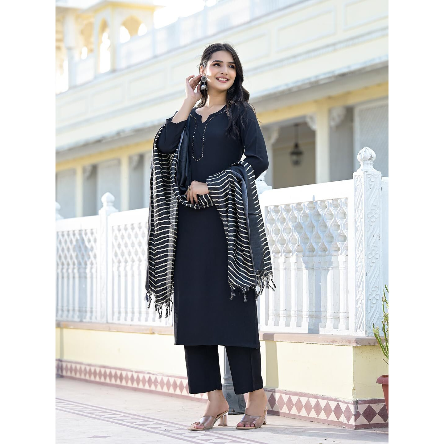 Varanga Women Black Crepe Gota Kurta With Bottom And Dupatta