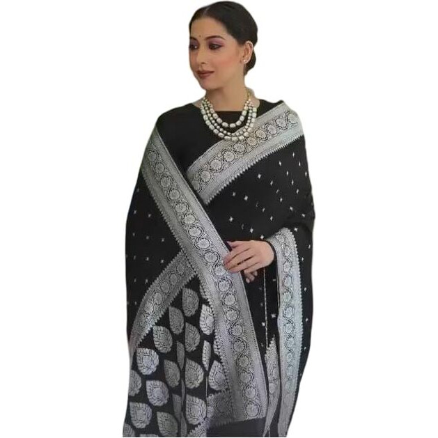 Flosive Women's Black Kanjivaram Silk Saree With Blouse With Zari Border