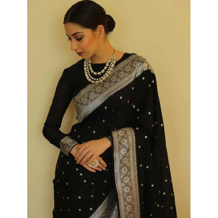 Flosive Women's Black Kanjivaram Silk Saree With Blouse With Zari Border