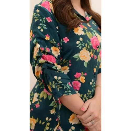 Greciilooks Rayon Floral Regular Fit Stylish Kurta Ethnic For 3/4 Sleeve Women Co-Ord Set (Gl-W1817_Green_M)
