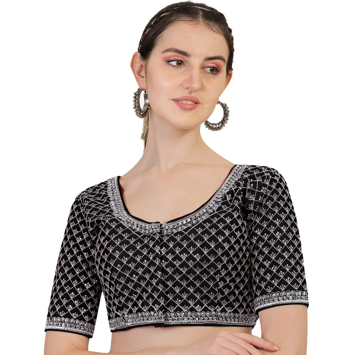 Vihu Fashion Women's Silk Solid Half Sleeve Regular Vf Silver Line Blouse Black 38