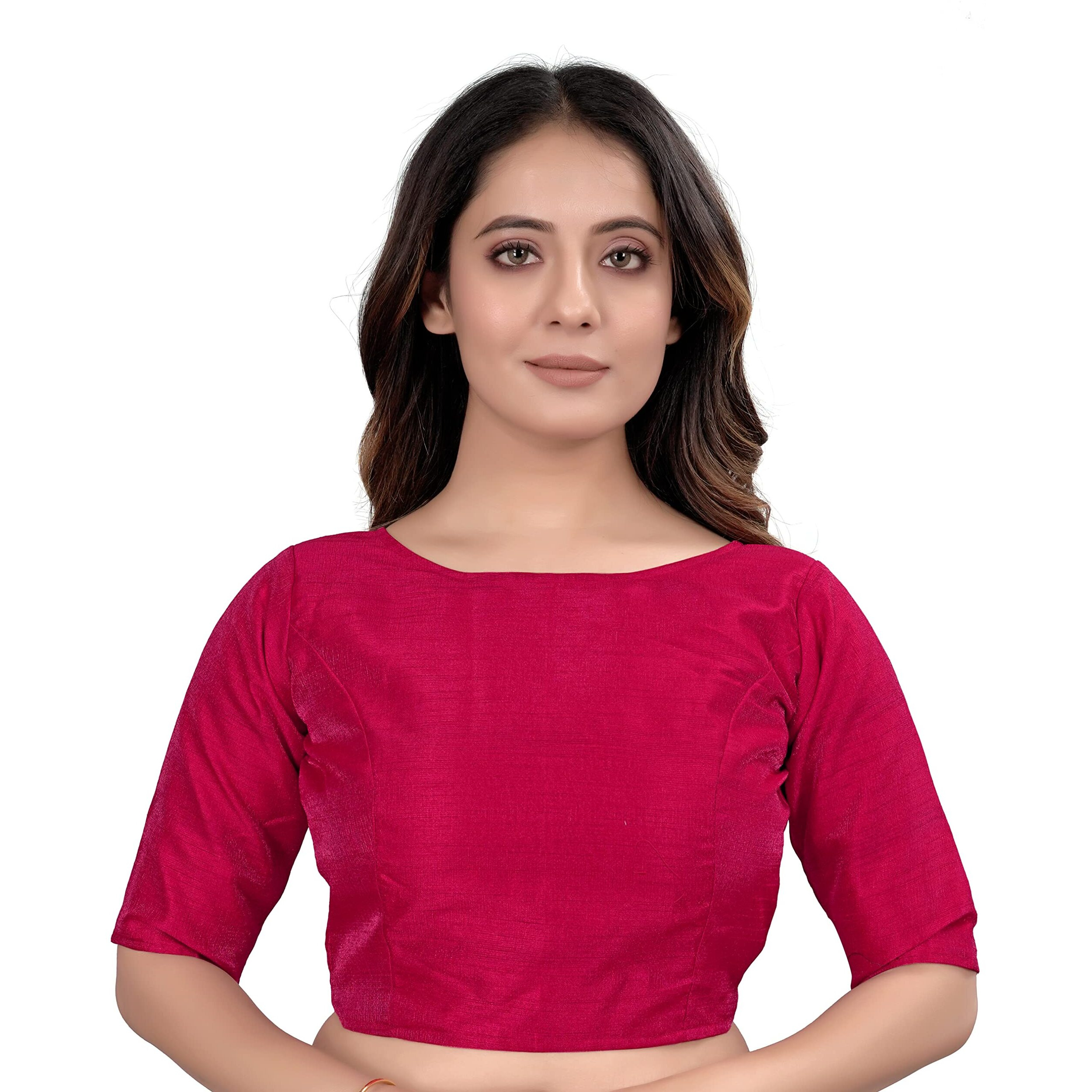 Vihu Fashion Women's Slub Silk Boat Neck With Elbow Length Sleeve Plain Fancy Blouse(Slub Rani_M)