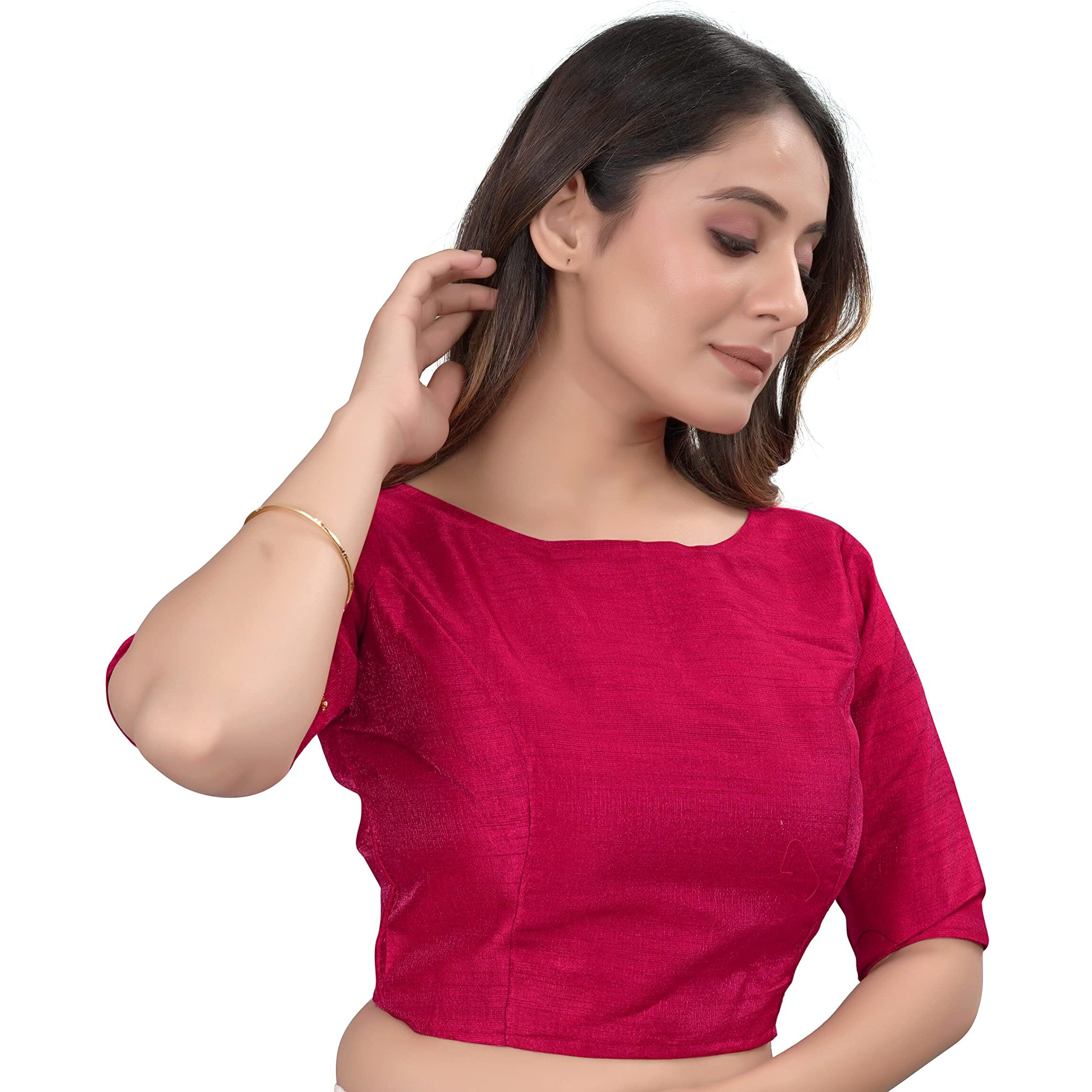 Vihu Fashion Women's Slub Silk Boat Neck With Elbow Length Sleeve Plain Fancy Blouse(Slub Rani_M)