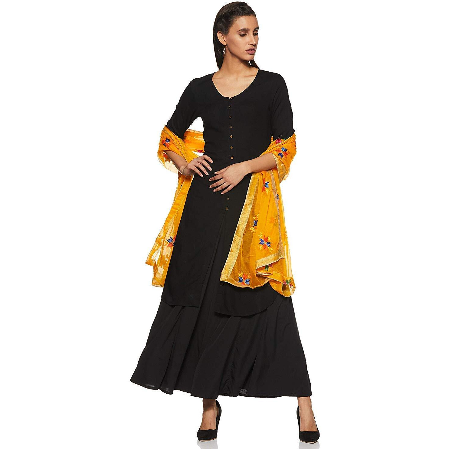 Weavers Villa Punjabi Hand Embroidery Phulkari Buty Work Faux Chiffon Dupatta, Stoles (Buty-Yellow), 2.25 Mtrs