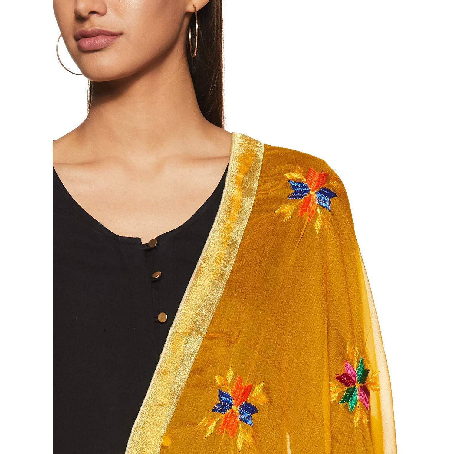 Weavers Villa Punjabi Hand Embroidery Phulkari Buty Work Faux Chiffon Dupatta, Stoles (Buty-Yellow), 2.25 Mtrs