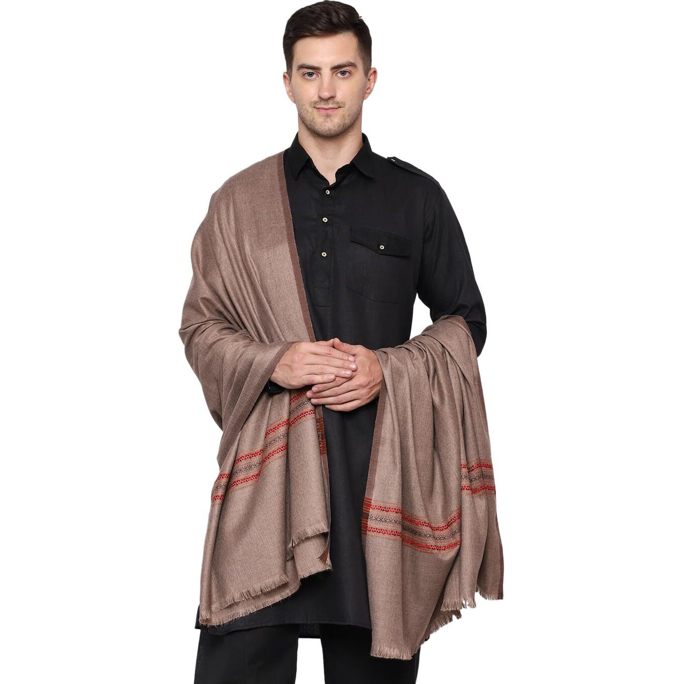 Weavers Villa Men's Poly Wool Kullu Border Lohi Shawl (Dark Grey), 112Cm X 225Cm