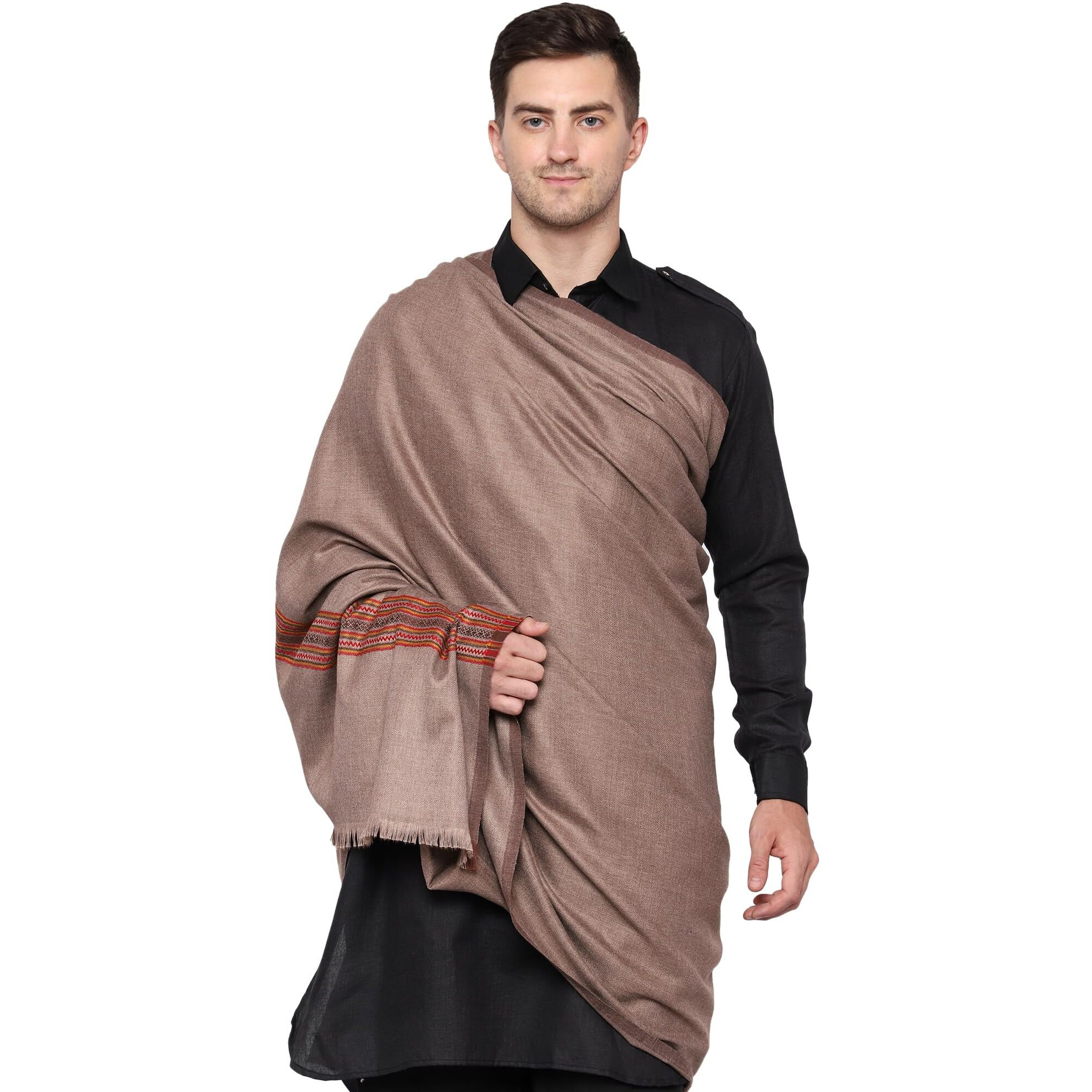 Weavers Villa Men's Poly Wool Kullu Border Lohi Shawl (Dark Grey), 112Cm X 225Cm