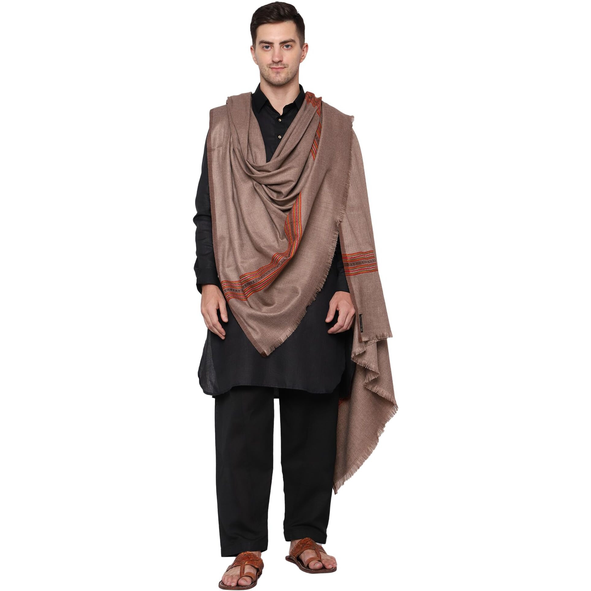 Weavers Villa Men's Poly Wool Kullu Border Lohi Shawl (Dark Grey), 112Cm X 225Cm