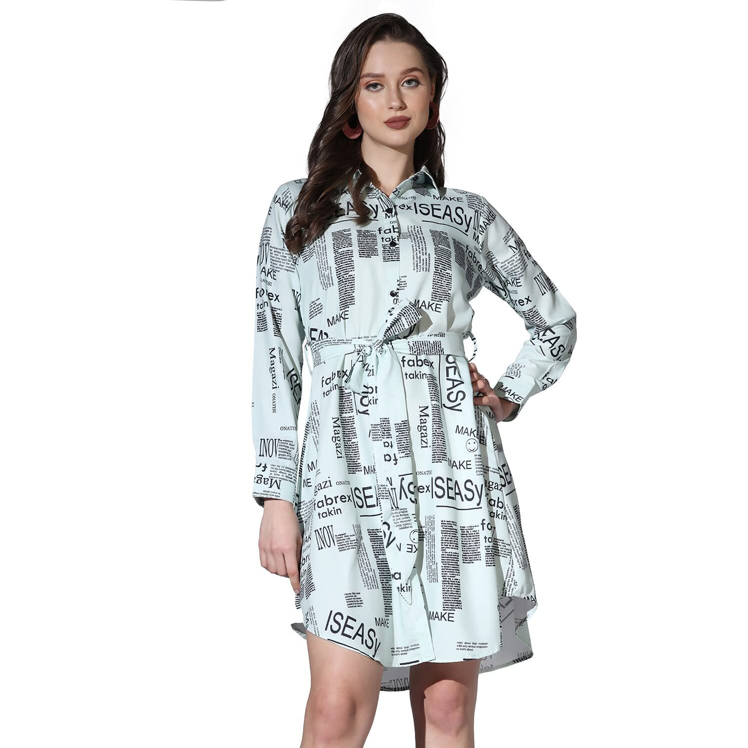 Greciilooks Western Dress For Women - Paper Printed Rayon Dress & Long Button Down Sleeve With Belt For Girls Suitable For Workout, Office, Function, Tracking(Pack Of 1) (Medium, Pastel)