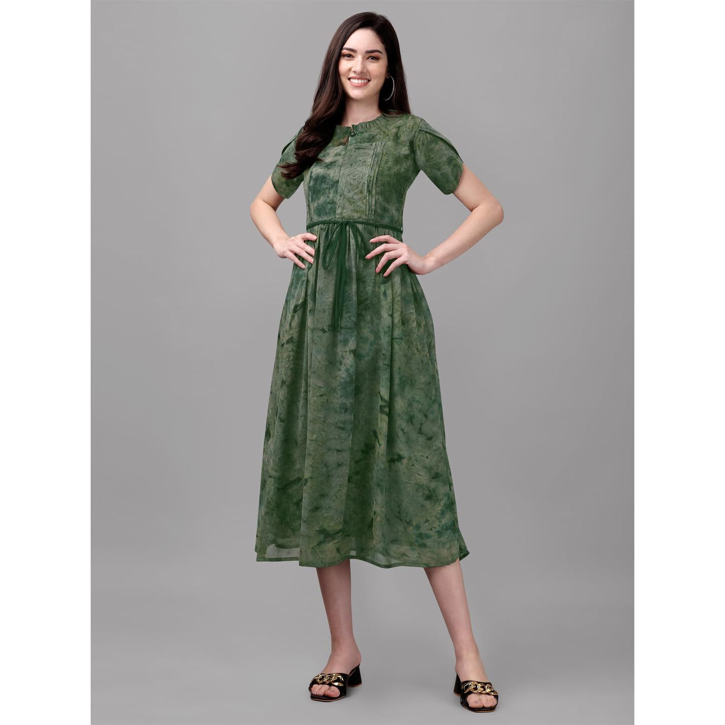 Gufrina Women's Half Sleeve Ruffle Neck & Tie-Up Dress - Elegant Midi Dress With Pleated Details (Green Xl)
