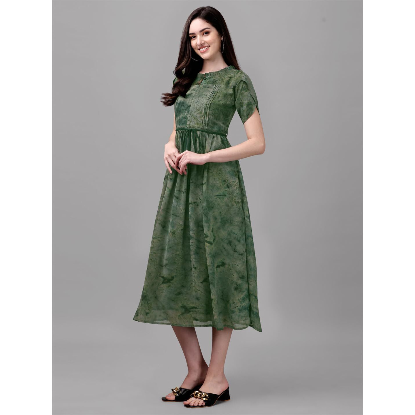 Gufrina Women's Half Sleeve Ruffle Neck & Tie-Up Dress - Elegant Midi Dress With Pleated Details (Green Xl)