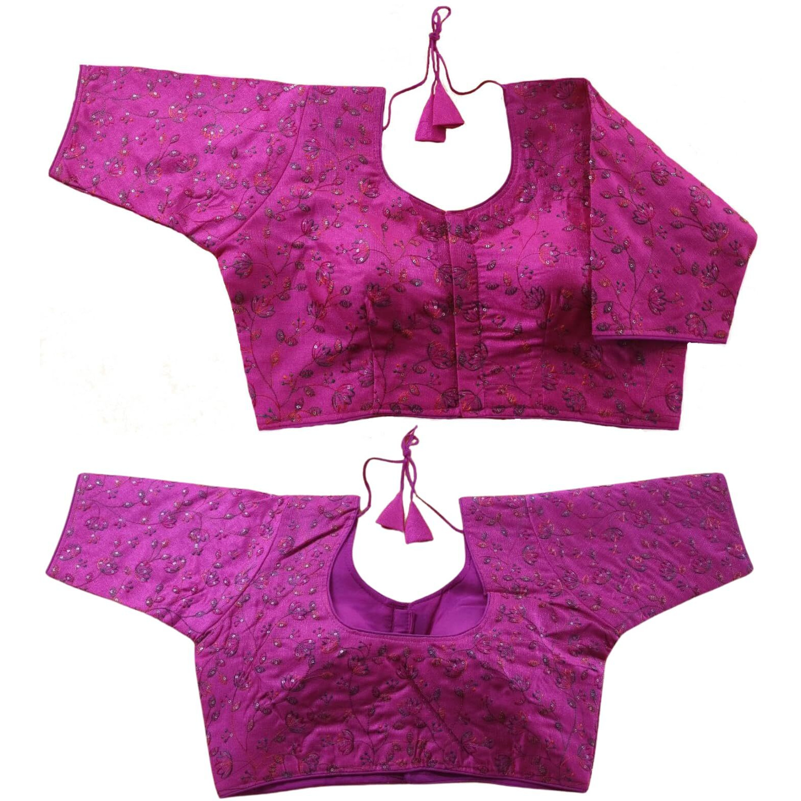 Vihu Fashion Women's Sequence Multi Embroidered U Neck Half Sleeve Readymade Saree Blouse Indian Ethnic Designer Stitched Women's Readymade Half Sleeve Blouse Readymade Pink Blouse For Women