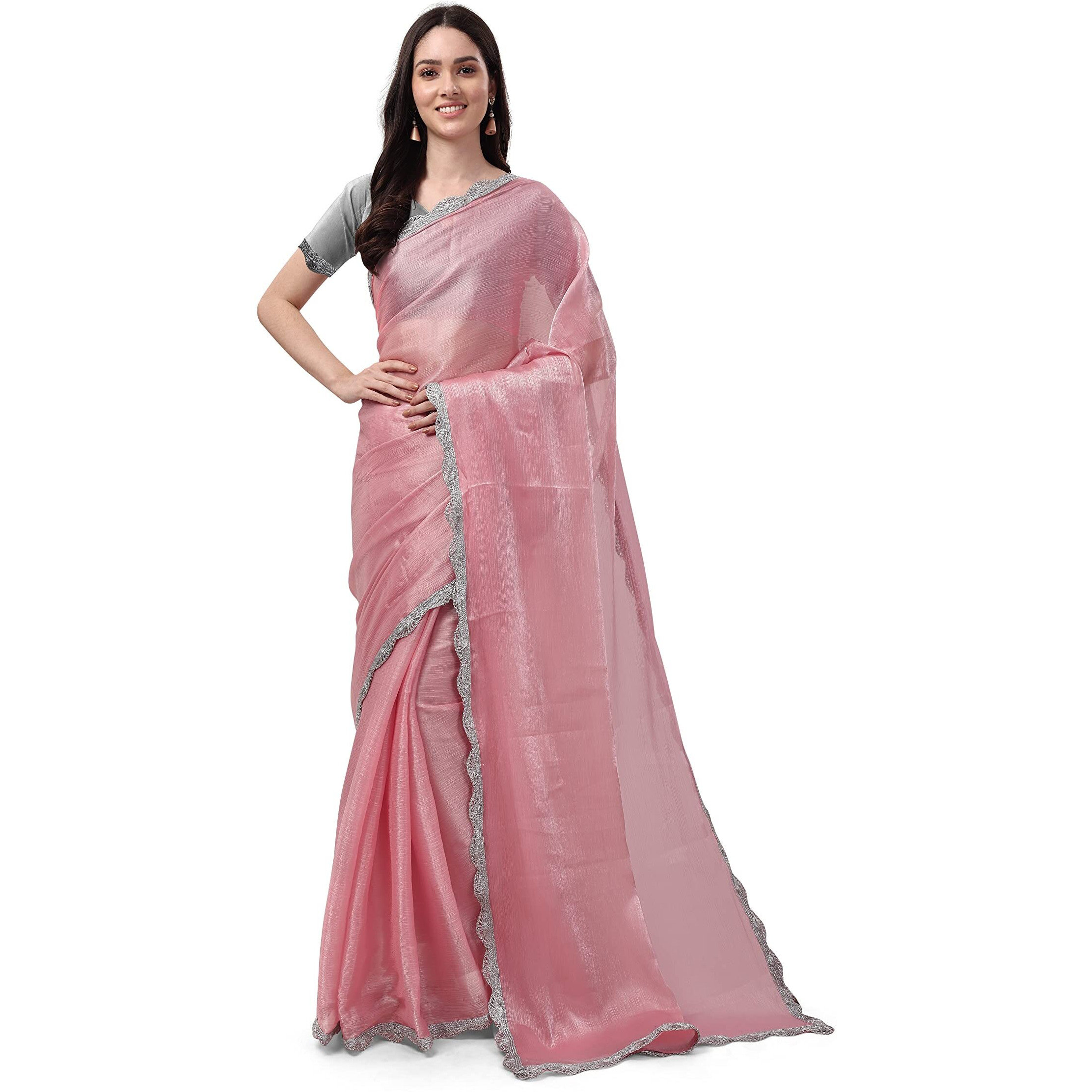 Womanista Chiffon Women's Pink Jimmychoo Saree With Embellished Lace With Un-Stitched Blouse