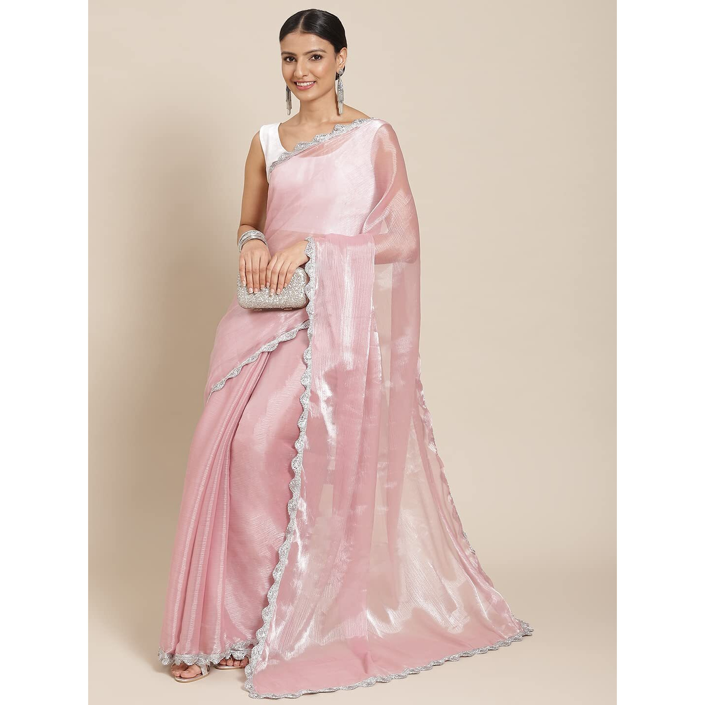 Womanista Chiffon Women's Pink Jimmychoo Saree With Embellished Lace With Un-Stitched Blouse