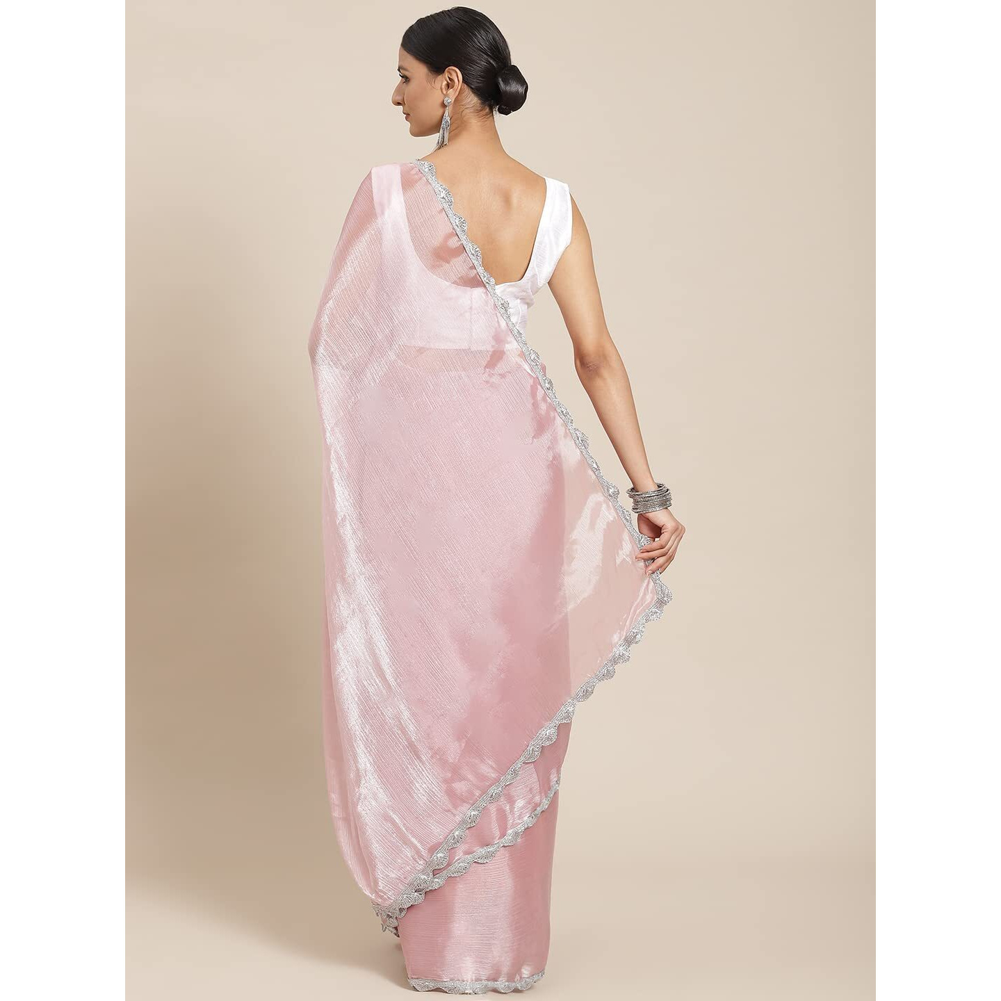 Womanista Chiffon Women's Pink Jimmychoo Saree With Embellished Lace With Un-Stitched Blouse