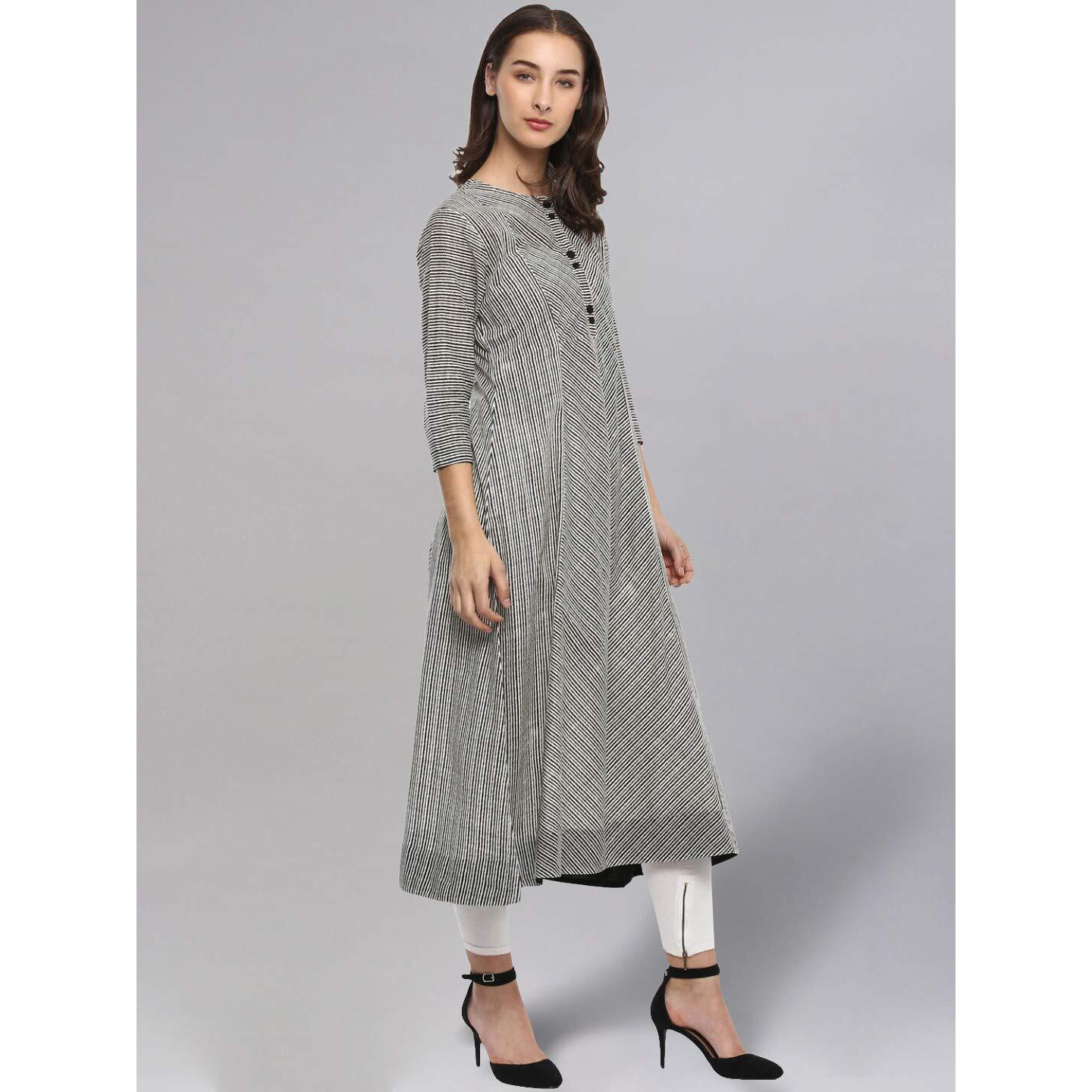 Idalia Striped 3/4 Sleeve,Round Neck Cotton Flared Kurtas For Women Black