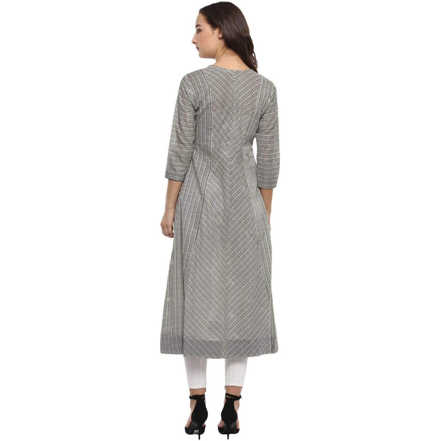 Idalia Striped 3/4 Sleeve,Round Neck Cotton Flared Kurtas For Women Black