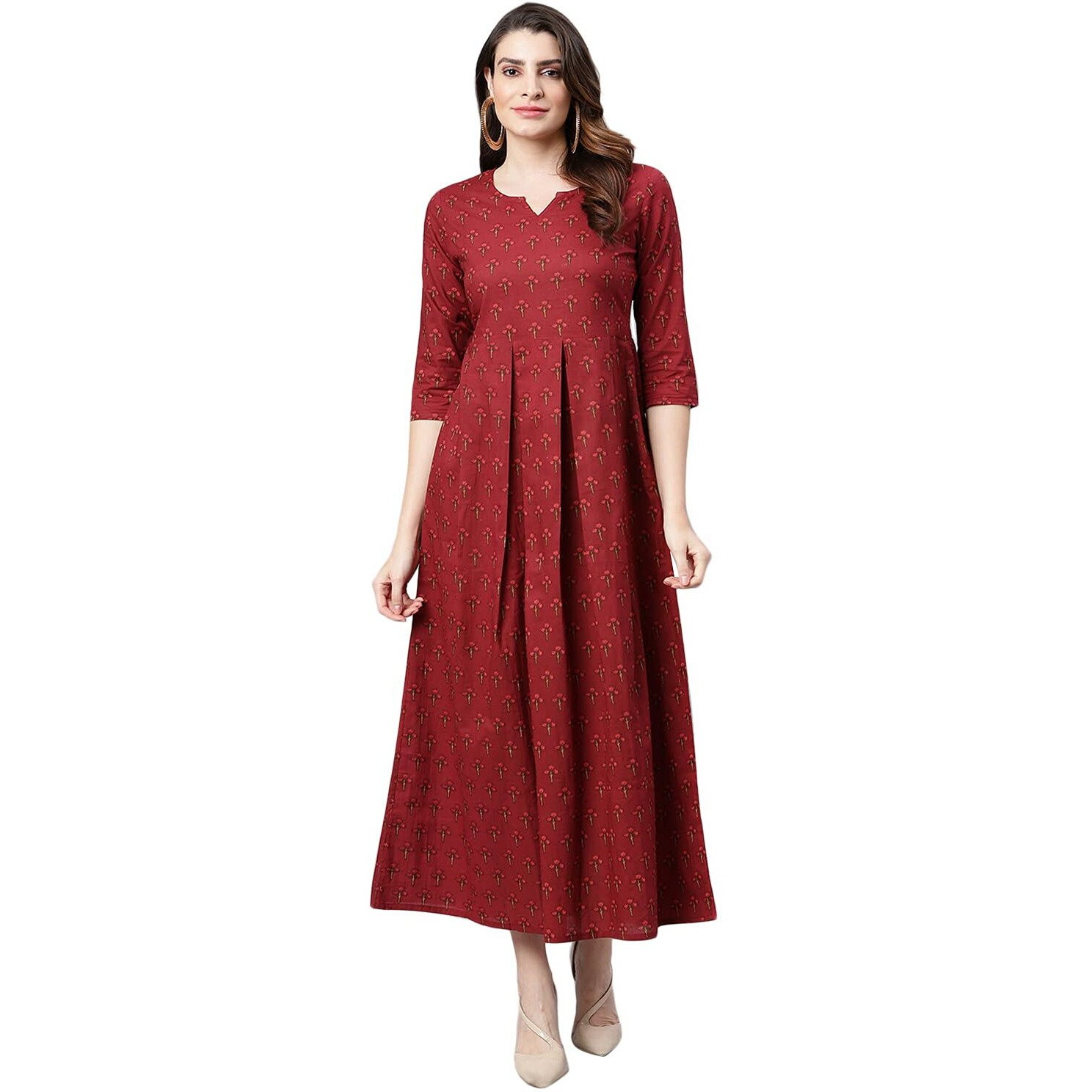 Idalia Floral Printed 3/4Th Sleeves Cotton Round V Neck Dress For Women Light Grey