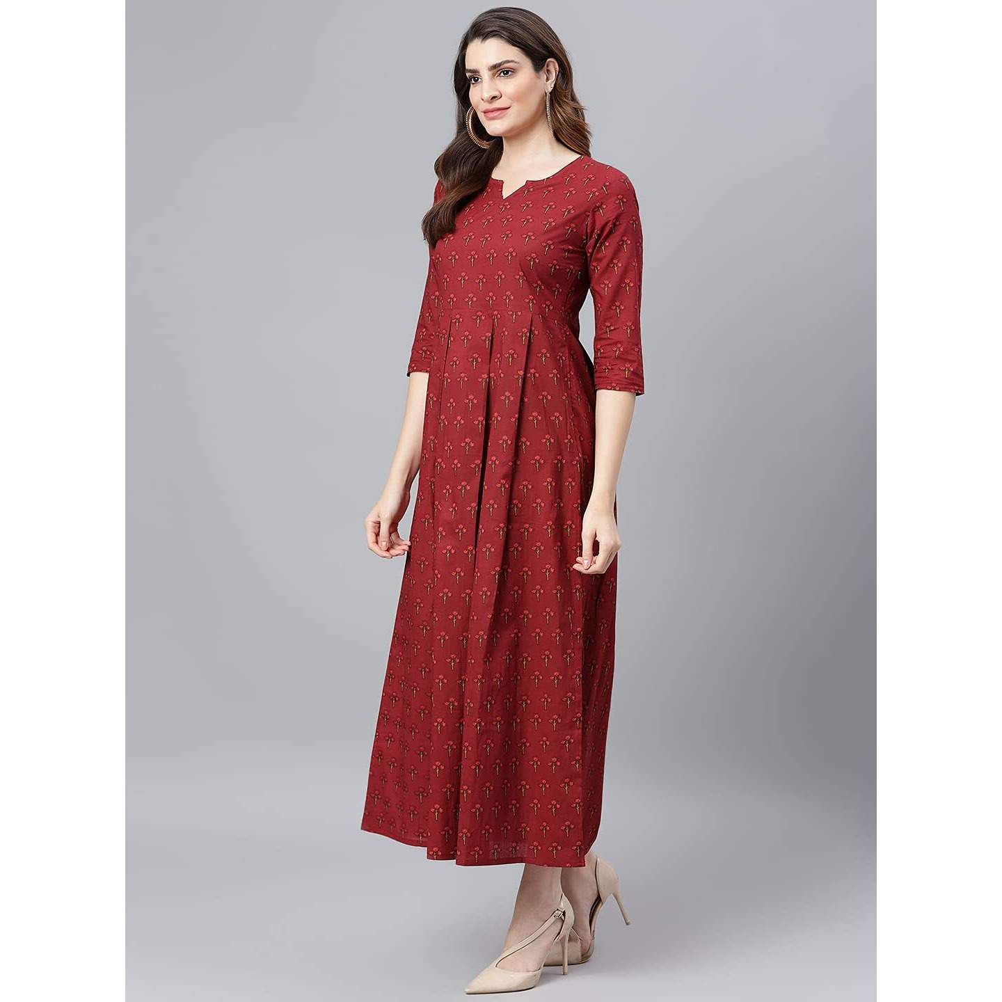 Idalia Floral Printed 3/4Th Sleeves Cotton Round V Neck Dress For Women Light Grey