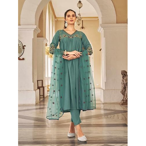 Womanista Women's Flared Kurta With Pant And Dupatta With Multi Thread Embroidery (Kurtaset_1321_Xl)