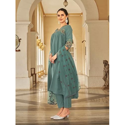 Womanista Women's Flared Kurta With Pant And Dupatta With Multi Thread Embroidery (Kurtaset_1321_Xl)