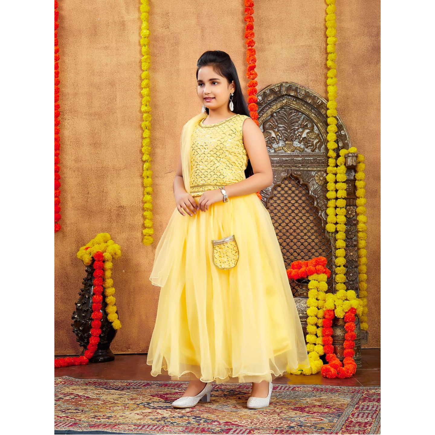 Aarika Girls Ethnic Wear Yellow Colour Sequin Embroidery Georgette Lehenga Choli Set Attached Bag (4-10 Years)