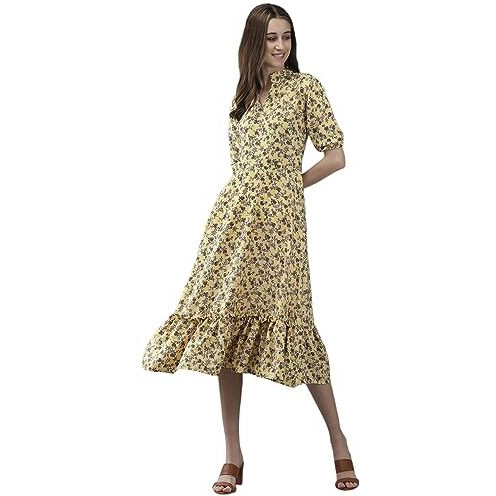 Aarika Women's Crepe Fit And Flare Calf Length Dress (New_Dr-Aw-035_Yellow