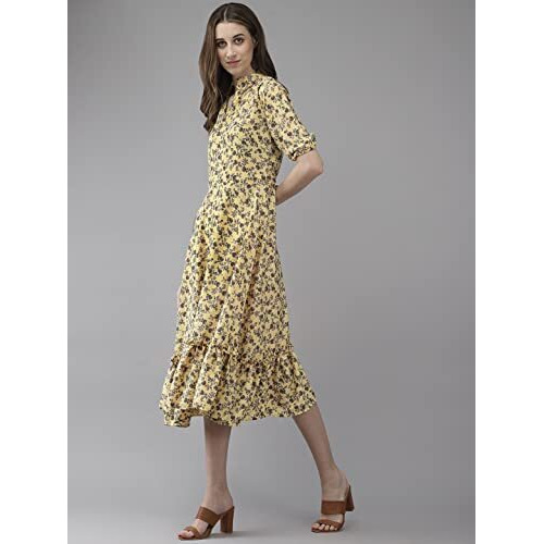 Aarika Women's Crepe Fit And Flare Calf Length Dress (New_Dr-Aw-035_Yellow
