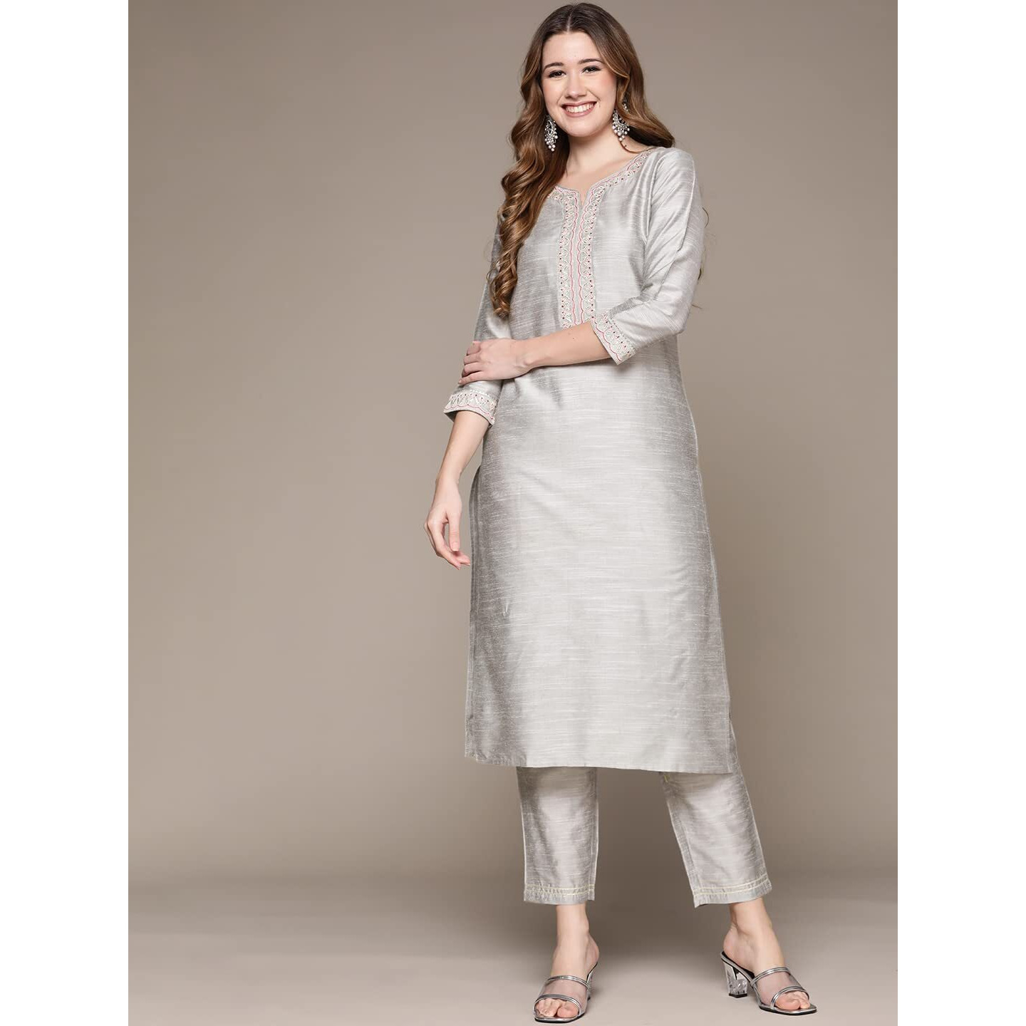 Anubhutee Women's Cotton Grey Ethnic Motifs Zari Work Embroidered Straight Kurta Suit Set With Trousers