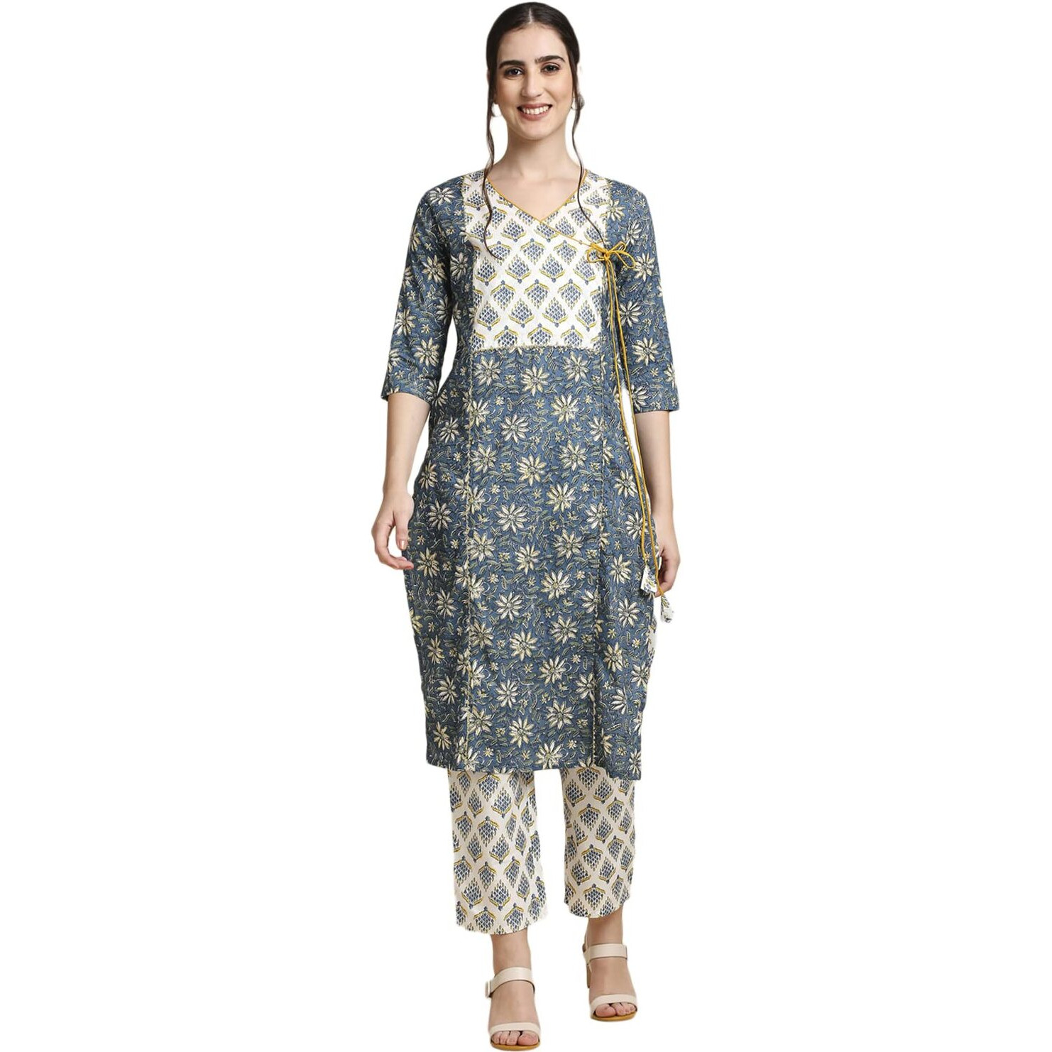 Anubhutee Women's Cotton Blue Floral Printed Straight Kurta Suit Set With Pants