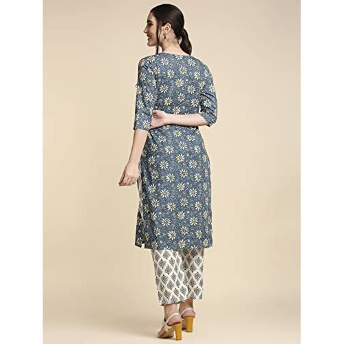 Anubhutee Women's Cotton Blue Floral Printed Straight Kurta Suit Set With Pants