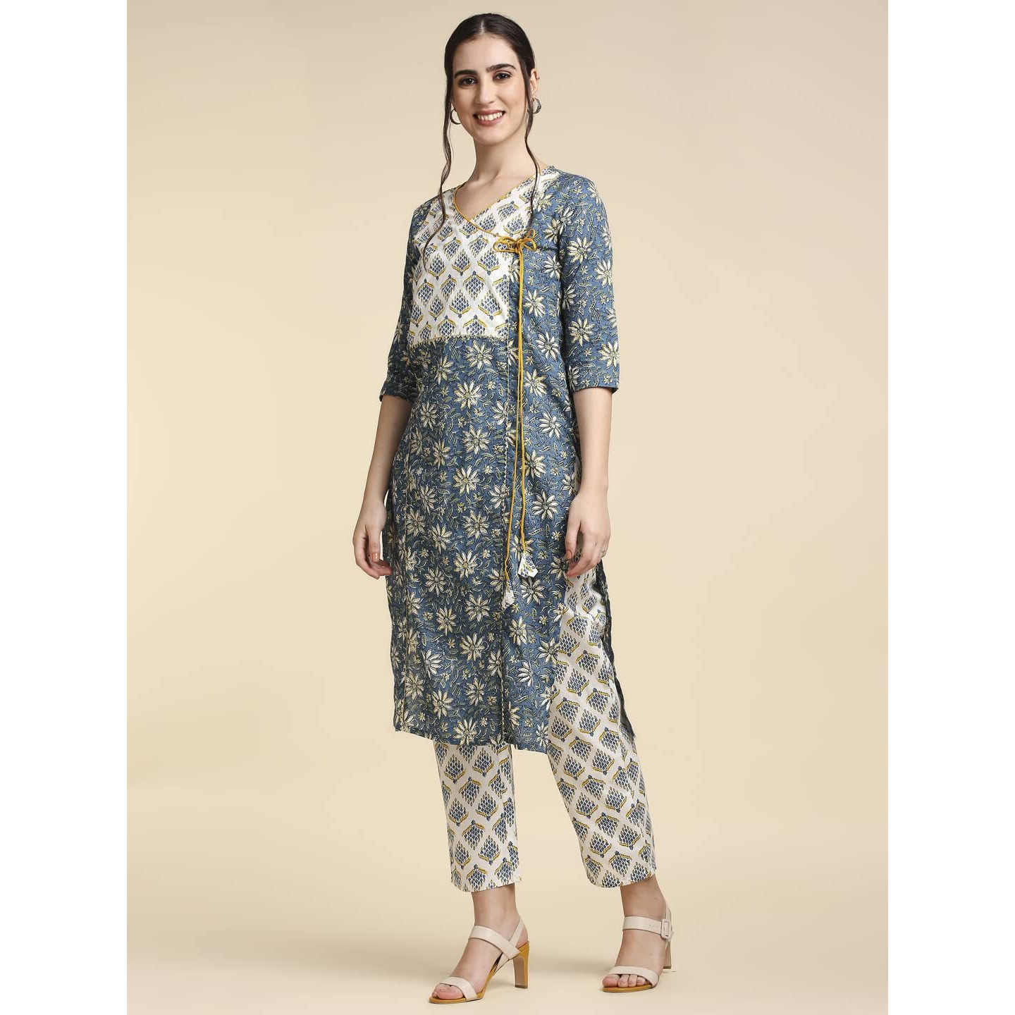 Anubhutee Women's Cotton Blue Floral Printed Straight Kurta Suit Set With Pants