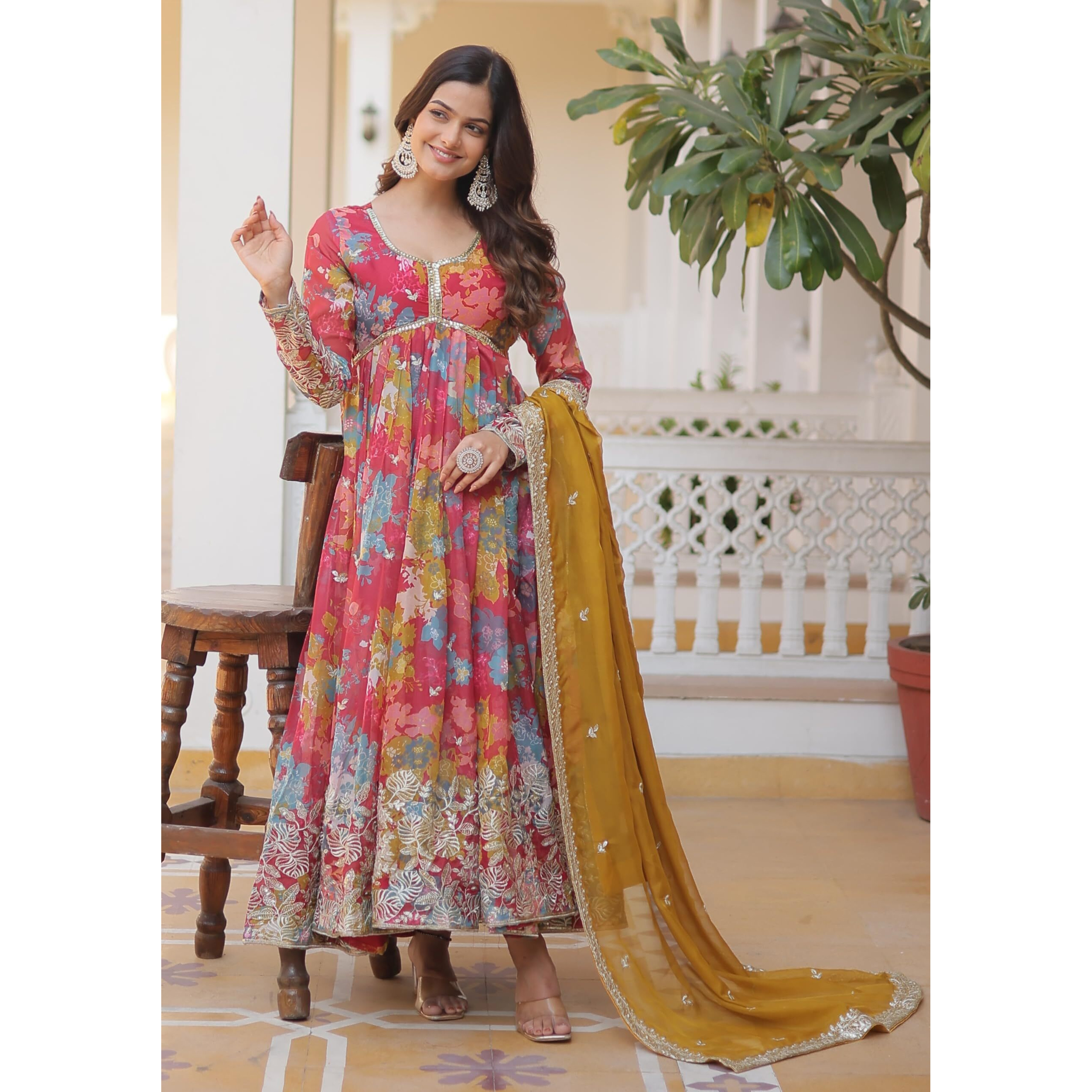 Fashion Basket Women's Pink Georgette Anarkali Kurta Set (Medium, Pink)