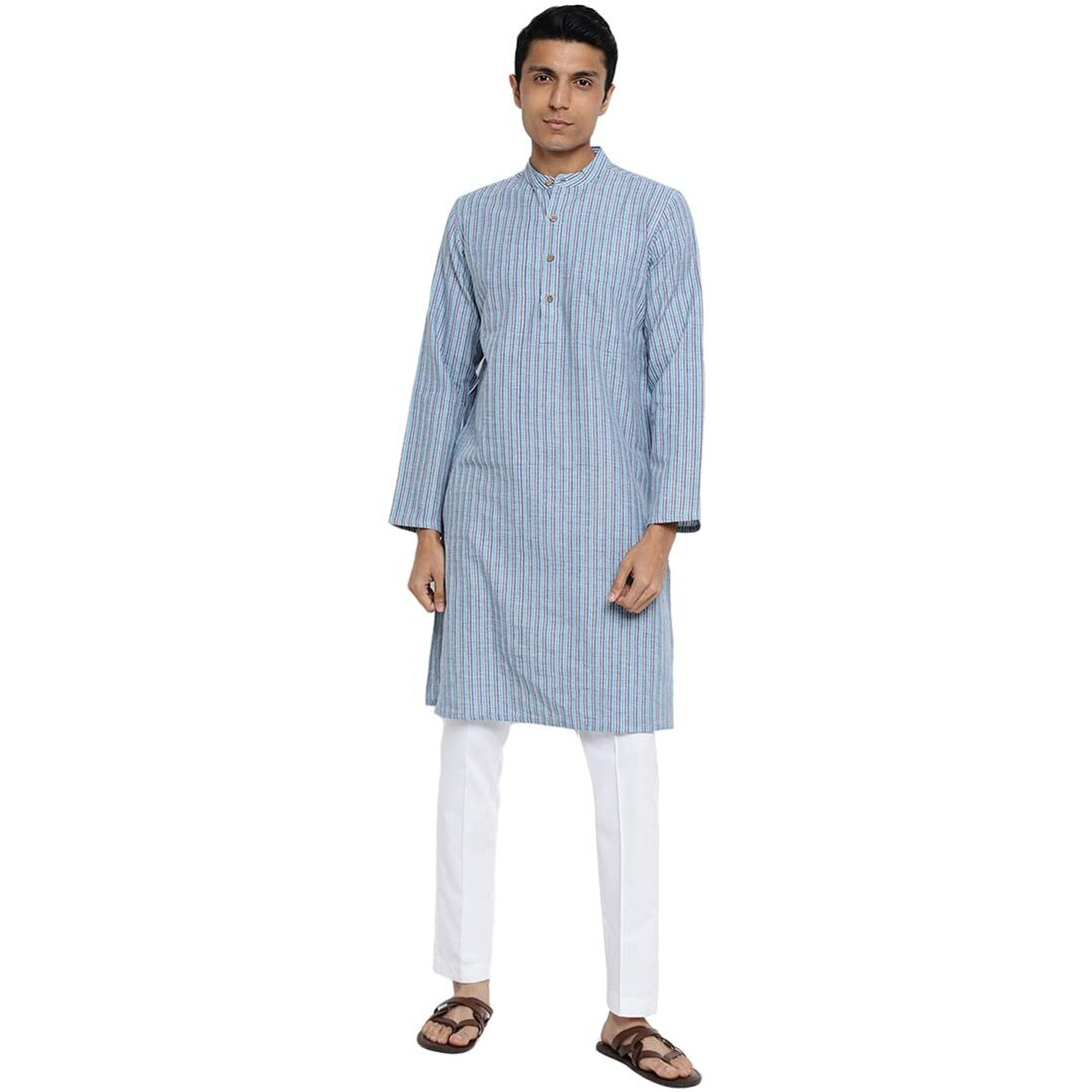 Fabindia Men Cotton Striped Long Kurta Blue_S