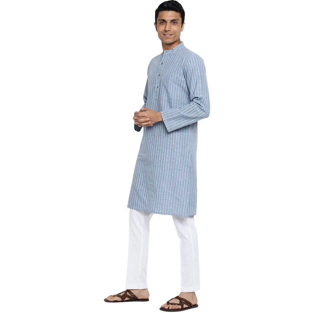 Fabindia Men Cotton Striped Long Kurta Blue_S