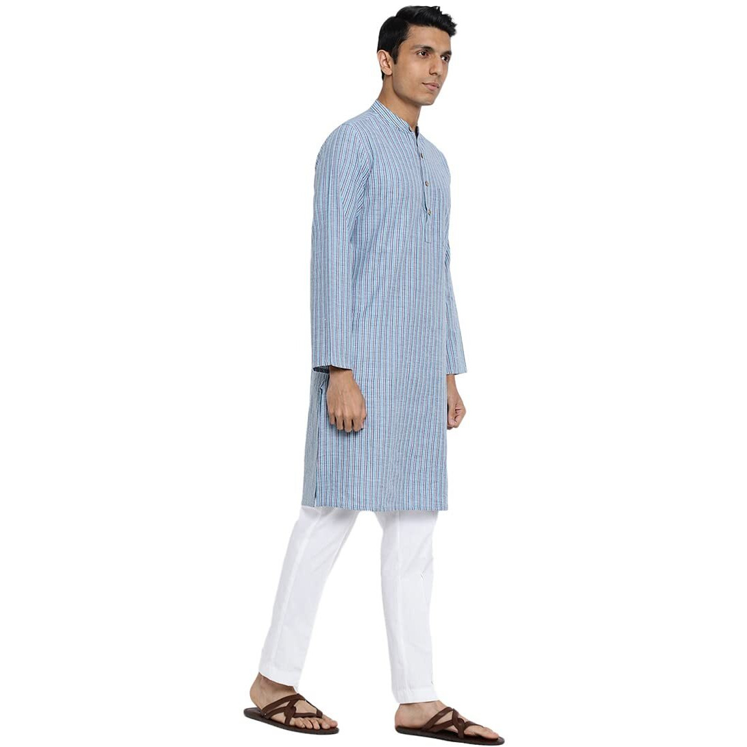 Fabindia Men Cotton Striped Long Kurta Blue_S