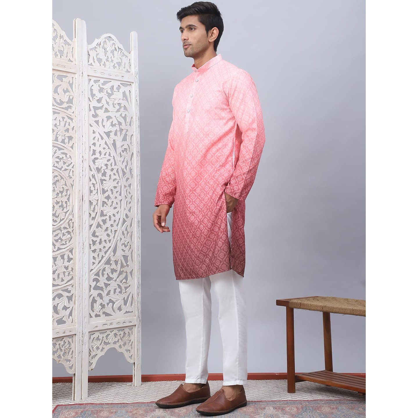 Jompers Coral Men's Ombre Printed Kurta Pyjama Set (Coral, M)