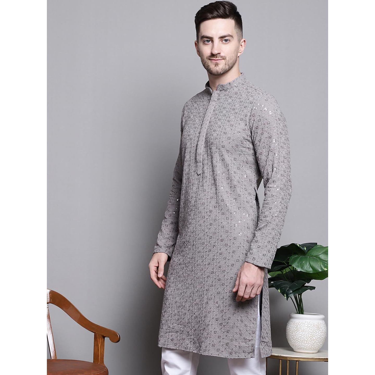 Jompers Men's Sequin Embroidered Pure Cotton Kurtas (Grey, Xl)