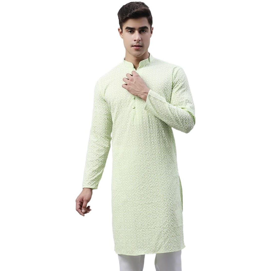 Jompers Men's Floral Embroidered Kurtas (Green, S)
